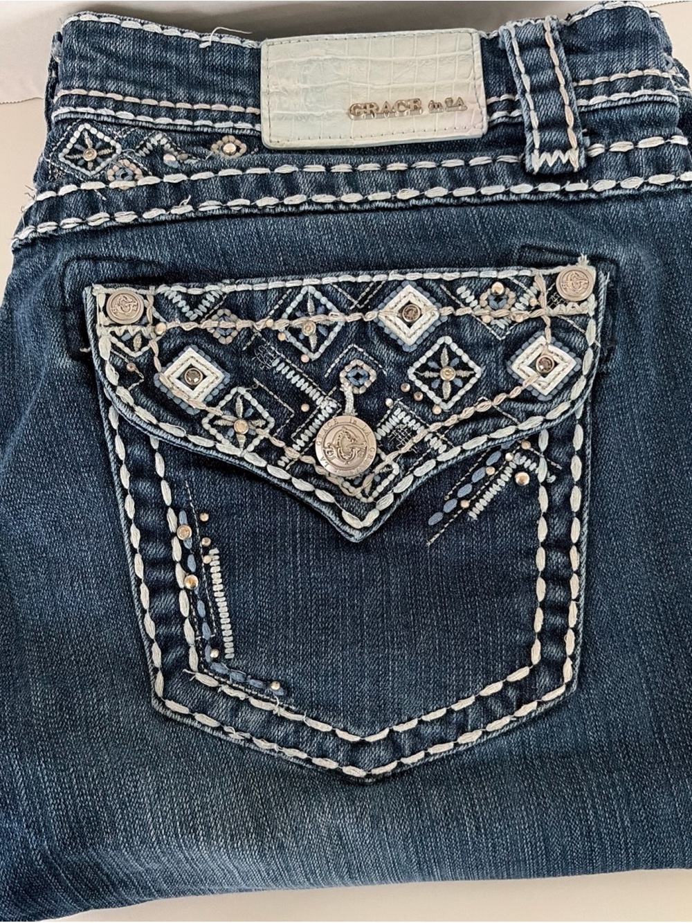 Grace Embroidered Dark Blue Pocket Jeans with White Stitching